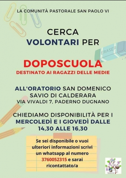 Calderara Cercasi volontari per Doposcuola