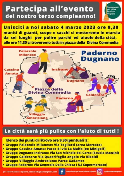 4 marzo 2023 Impegniamoci a pulire Paderno Dugnano Festeggia il terzo anno di attività